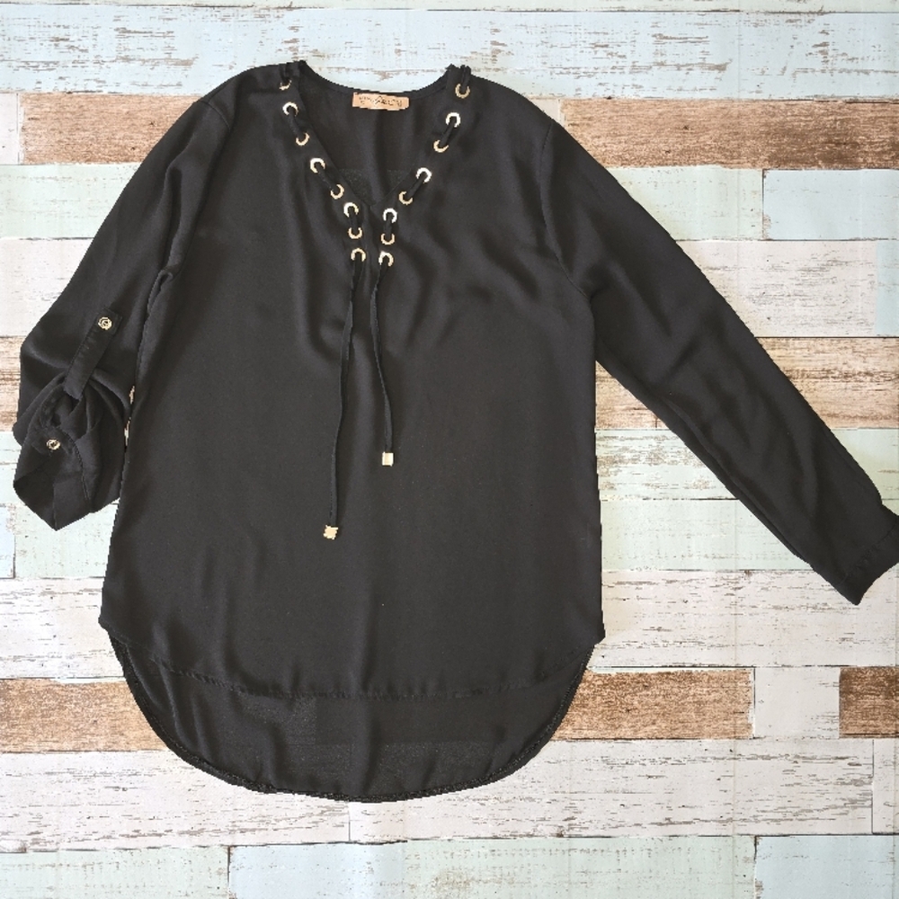 Black V-Neck Embellished Long Sleeve Blouse